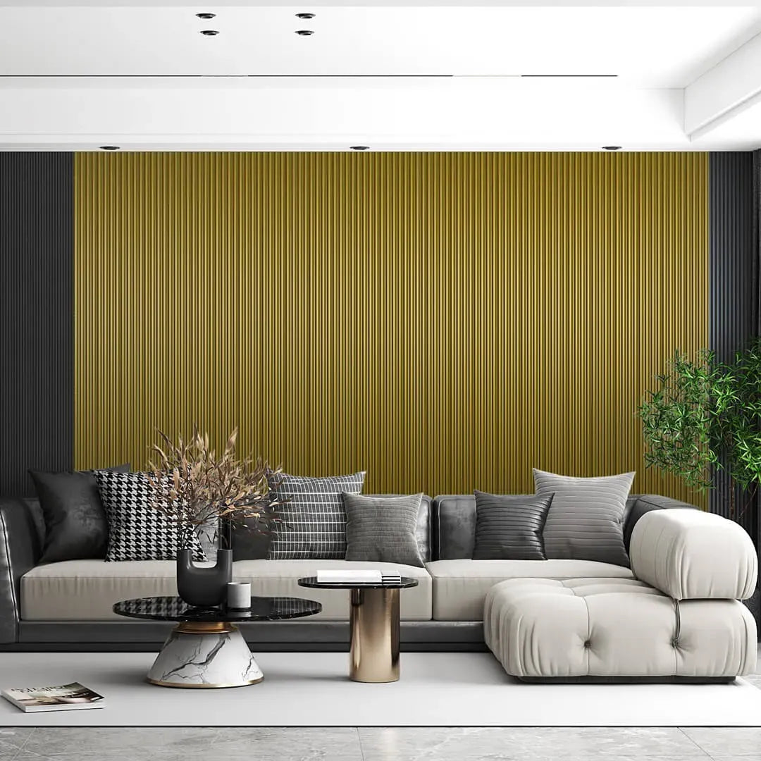 MDF Fluted Wall Panels - Golden in modern living room interior DecorMania.eu