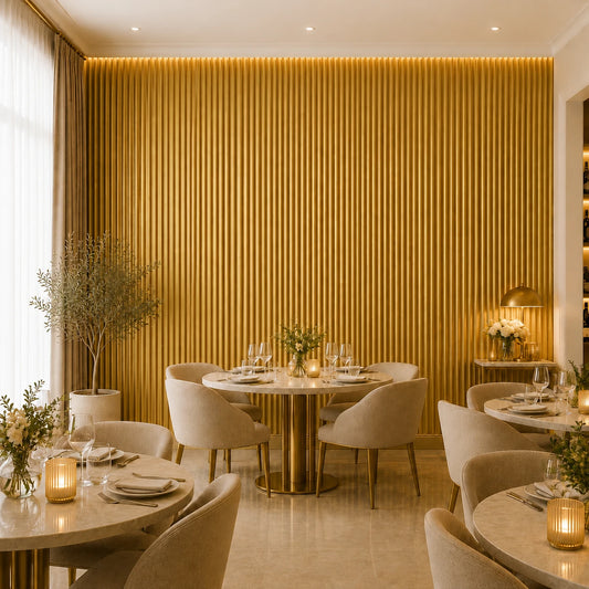 Front view of an elegant luxury restaurant with round dining tables, cream upholstered chairs, floral arrangements, warm ambient lighting, and a full-height wall covered with narrow, rounded gold fluted panels.
