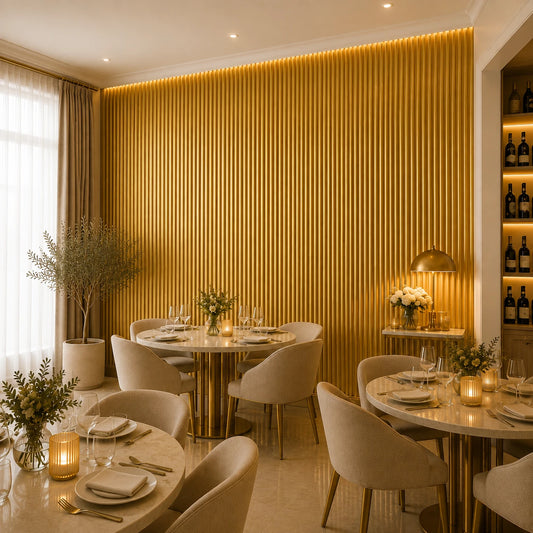Angled view of a sophisticated restaurant featuring gold convex fluted wall panels, marble dining tables, neutral upholstered chairs, decorative plants, illuminated wine shelving, and warm atmospheric lighting