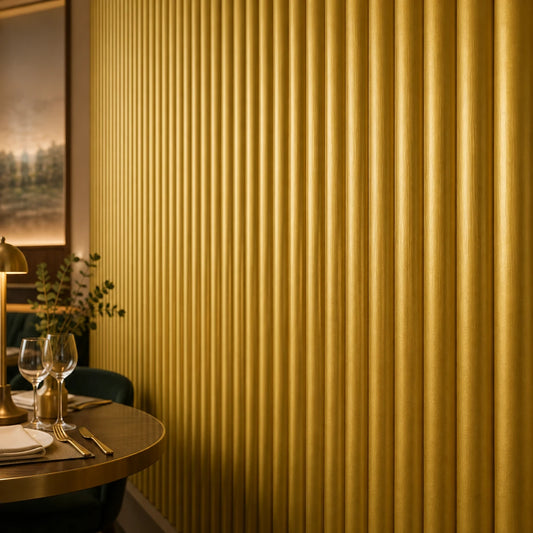 Close-up angled view of metallic gold fluted wall panels, highlighting their rounded raised profile, subtle brushed texture, and reflective finish, with part of a restaurant table and seating visible for scale