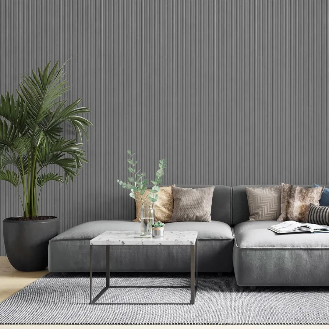 MDF Fluted Wall Panels - Grey in modern living room interior DecorMania.eu