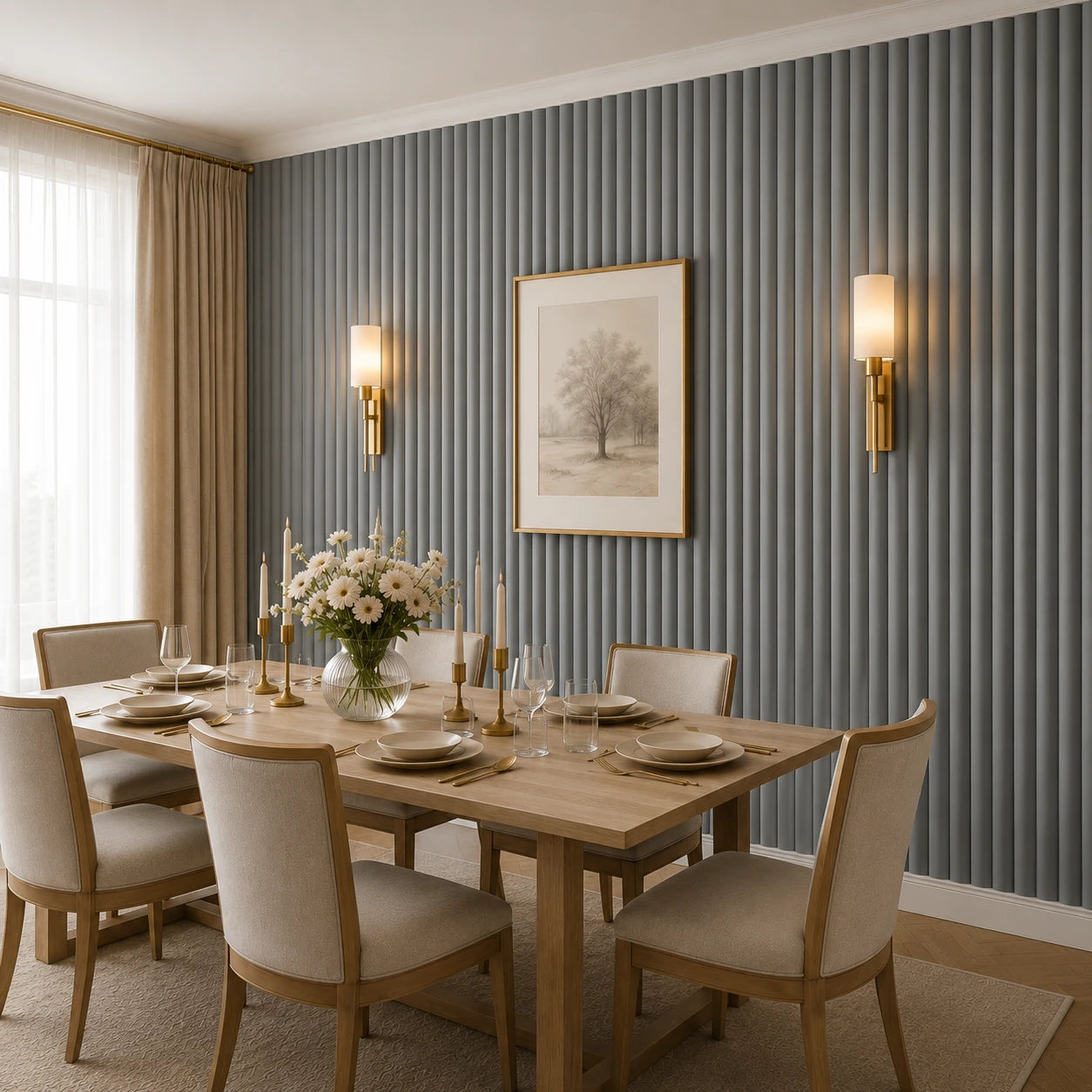 Angled view of an elegant dining room with a light wood table, cream upholstered chairs, floral centerpiece, brass accents, and a grey wall covered with narrow, rounded fluted panels