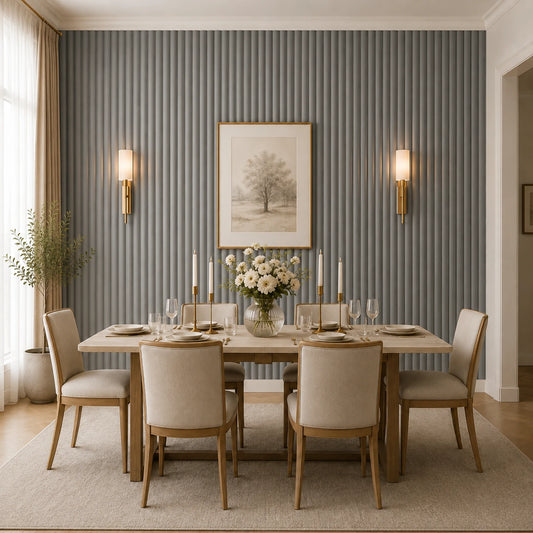Front view of a bright, symmetrical dining room with a six-seat wooden table, cream chairs, floral arrangement, warm brass lighting, and a full-height grey fluted feature wall