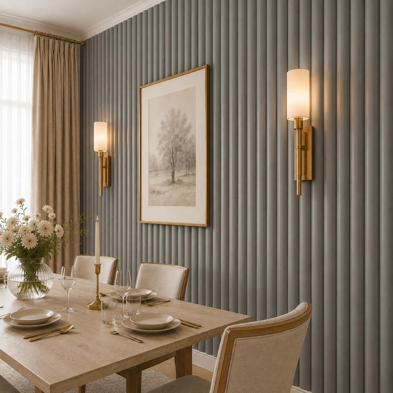 Close-up angled view of grey convex fluted wall panels in a refined dining room, featuring brass wall sconces, framed tree artwork, neutral curtains, and part of a fully set dining table