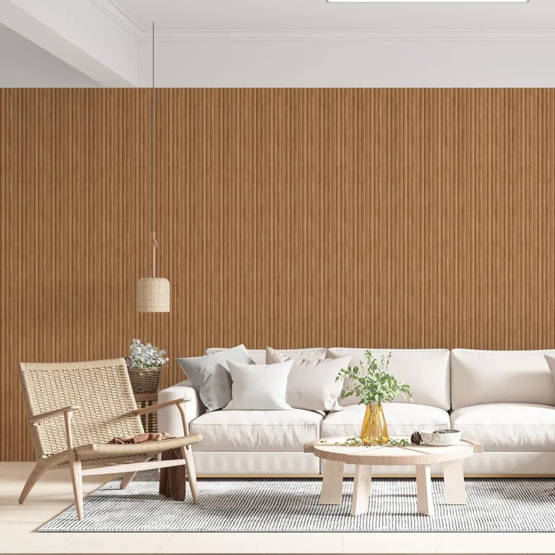 MDF Fluted Wall Panels - Natural Oak in modern living room interior DecorMania.eu
