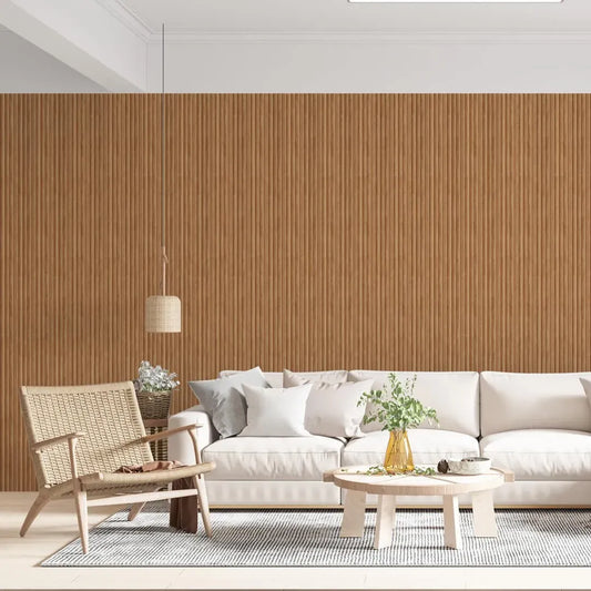 MDF Fluted Wall Panels - Natural Oak in modern living room interior DecorMania.eu