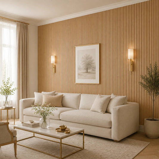 A bright, elegant living room viewed from a 45-degree angle, featuring a cream sofa, marble coffee table, neutral décor, and a full-height wall covered with narrow, rounded natural oak fluted panels