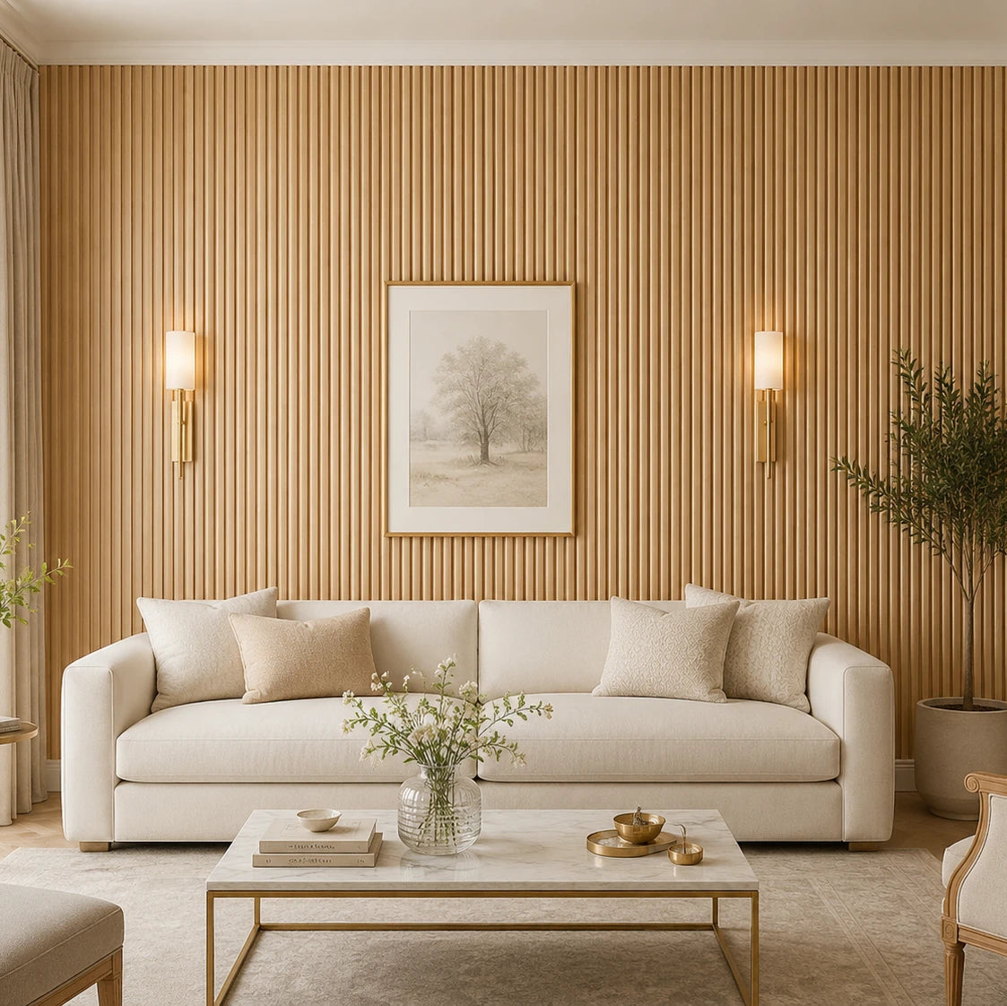 Front view of a bright classic-style living room with a cream sofa, gold-accented coffee table, decorative plants, and a symmetrical wall finished with narrow, convex natural oak fluted panels