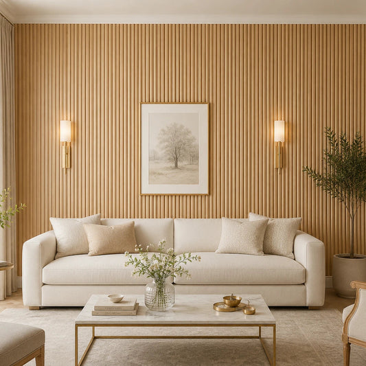 Front view of a bright classic-style living room with a cream sofa, gold-accented coffee table, decorative plants, and a symmetrical wall finished with narrow, convex natural oak fluted panels