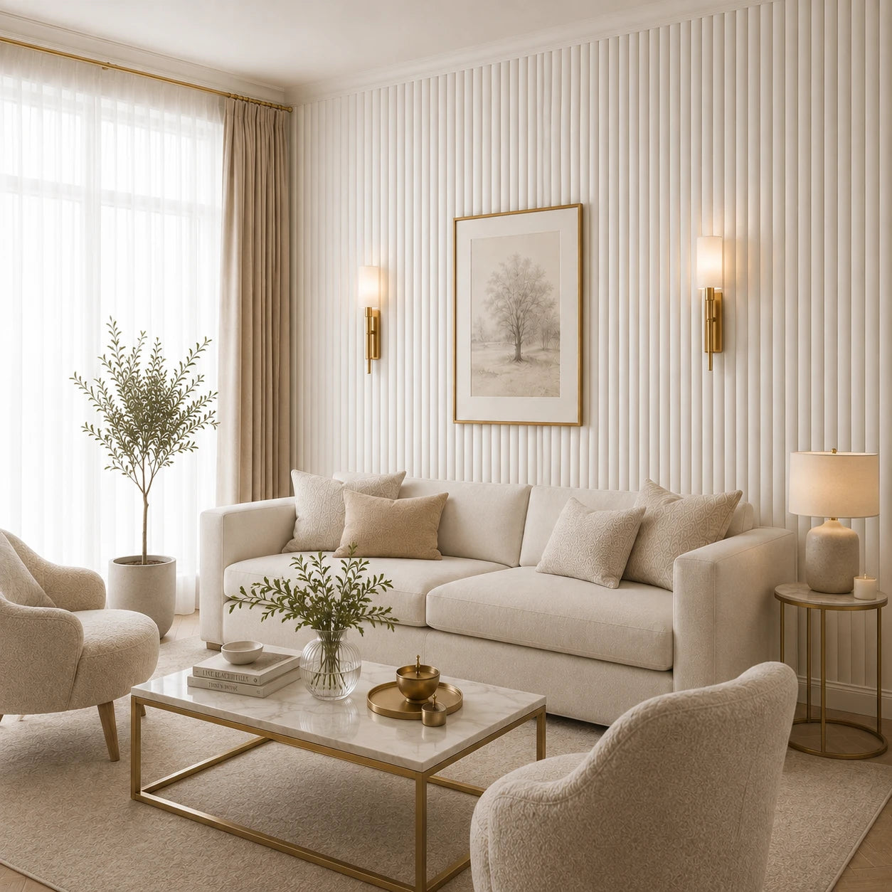 Angled view of a bright, elegant living room with cream furniture, a marble coffee table, brass accents, and a full-height wall covered with matte white, rounded fluted panels