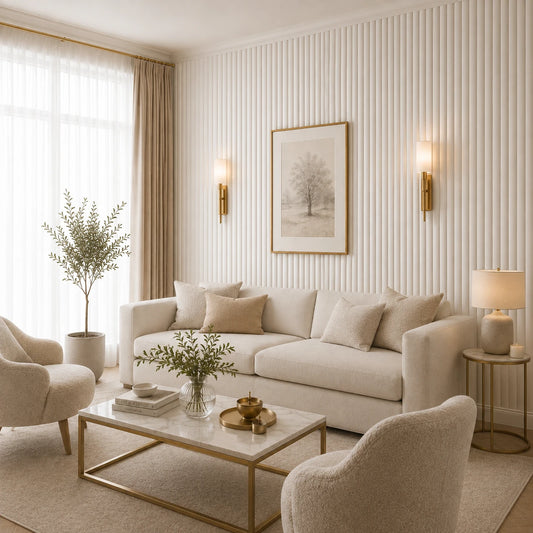 Angled view of a bright, elegant living room with cream furniture, a marble coffee table, brass accents, and a full-height wall covered with matte white, rounded fluted panels
