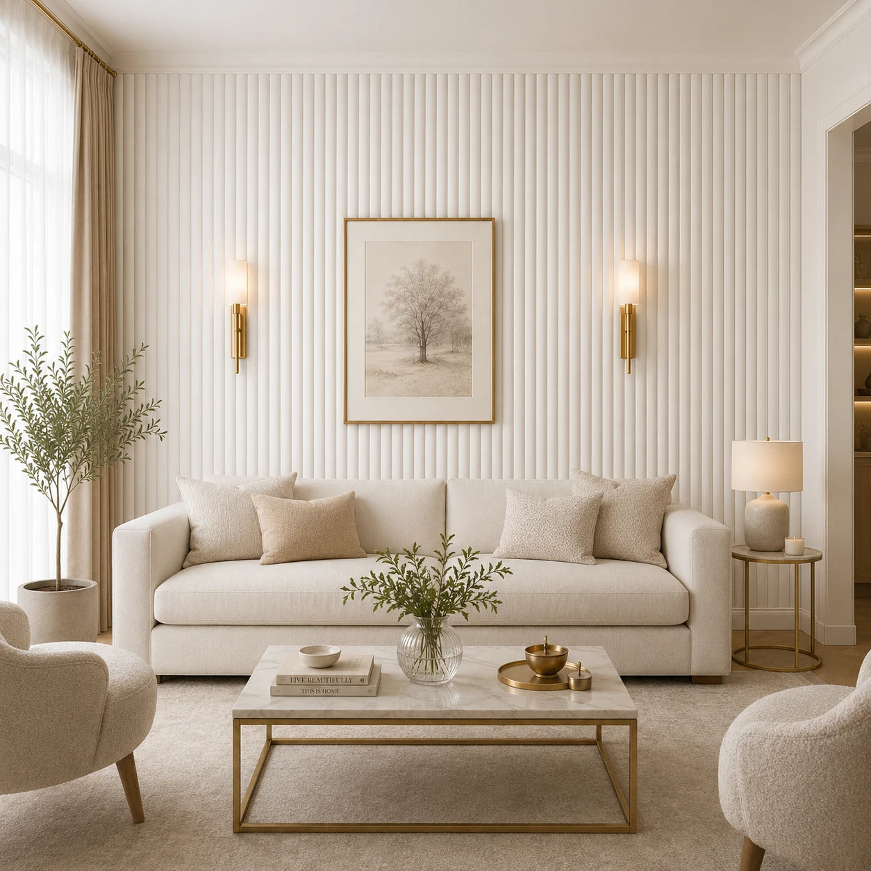 Front view of a light neutral living room featuring a cream sofa, two armchairs, a marble-and-brass coffee table, warm wall sconces, and matte white convex wall panels