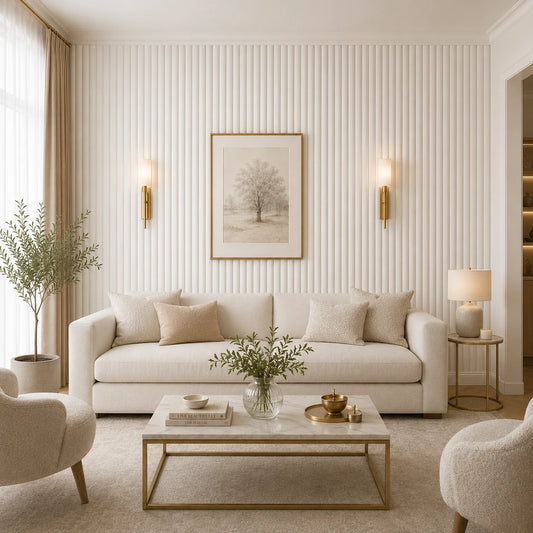 Front view of a light neutral living room featuring a cream sofa, two armchairs, a marble-and-brass coffee table, warm wall sconces, and matte white convex wall panels