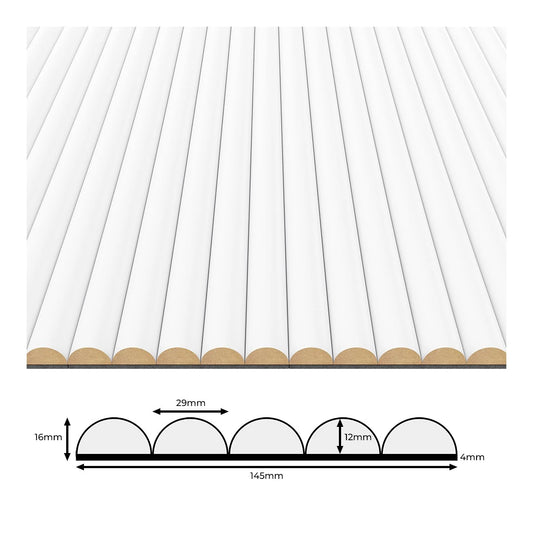 Technical product image of matte white fluted wall panels with adjoining semicircular profiles, showing a total thickness of 16 mm, a 12 mm raised section, 29 mm-wide flutes, and a 4 mm backing layer