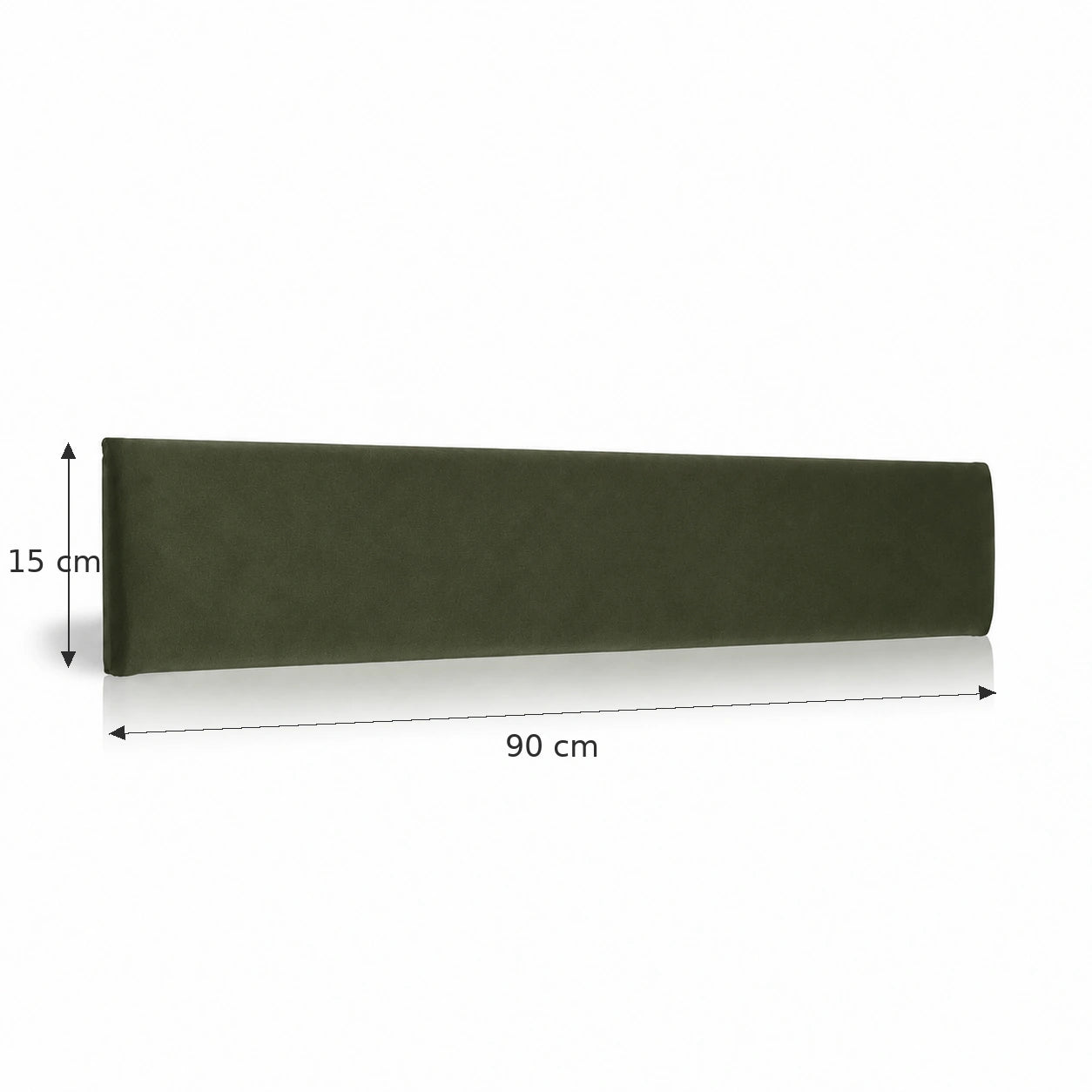Olive Green upholstered padded wall panel with dimension lines, showing 90 cm width and 15 cm height