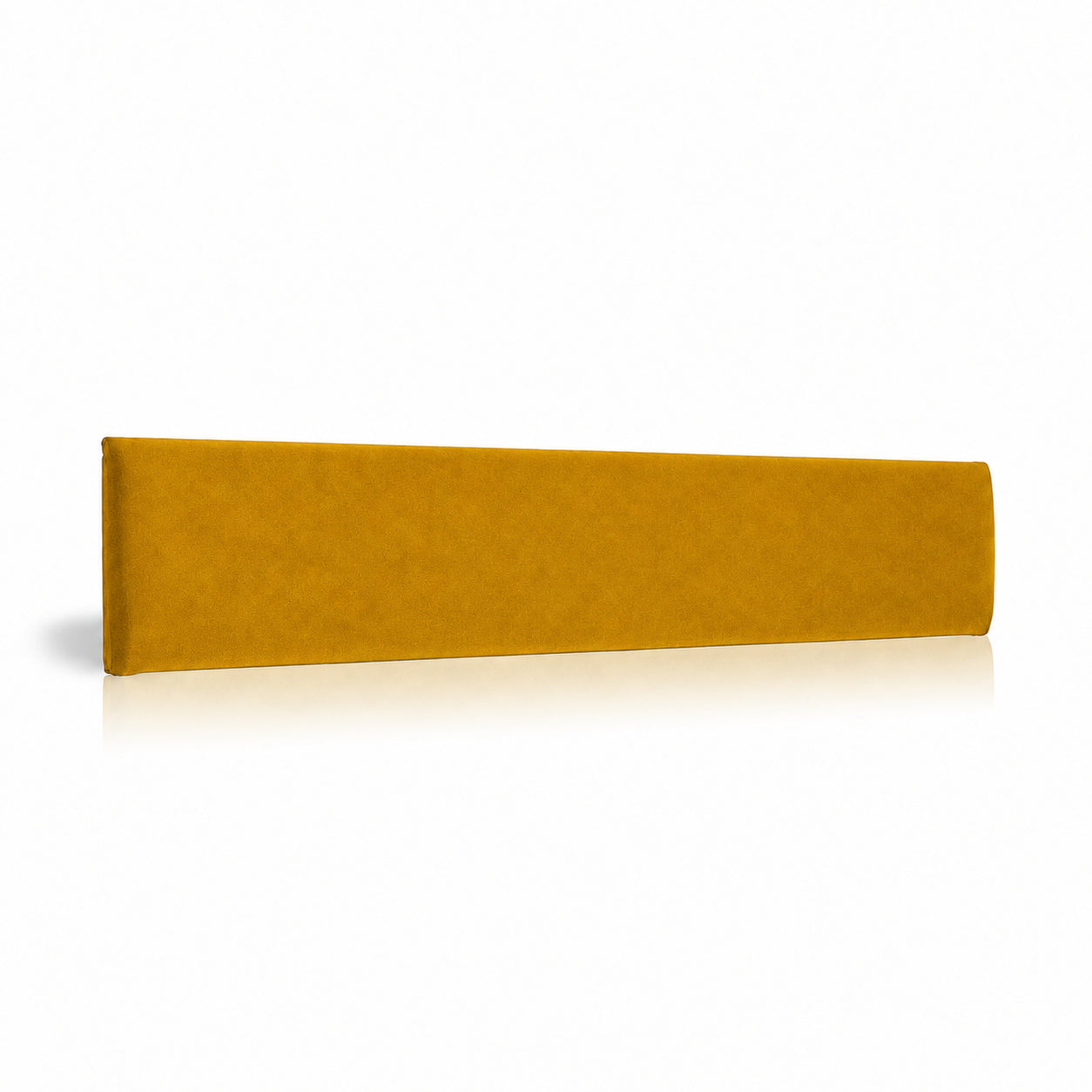 Ochre upholstered padded wall panel, 90 x 15 cm, shown at a slight angle on a white background