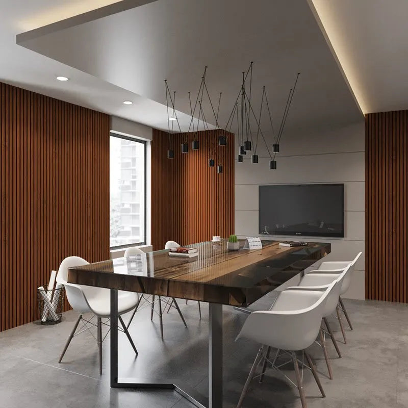 Mahogany Acoustic Wood Slat Wall Panel dining room interior DecorMania.eu