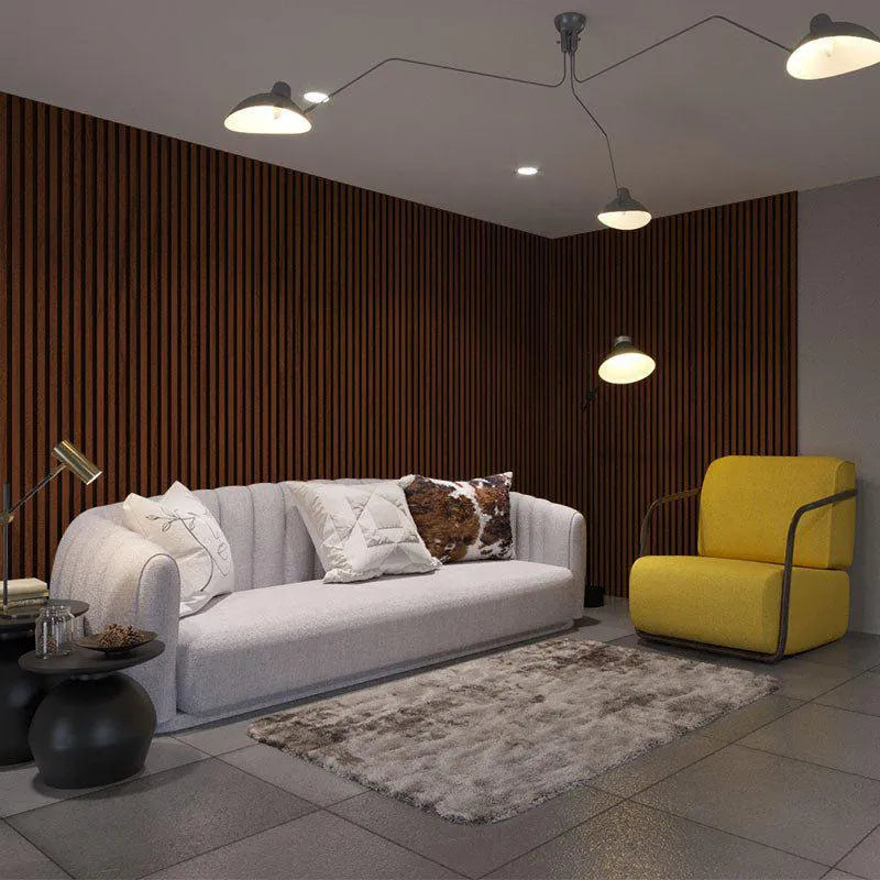 Mahogany Acoustic Wood Slat Wall Panel living room interior DecorMania.eu