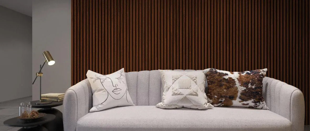 Mahogany Acoustic Wood Slat Wall Panel in living room interior DecorMania.eu