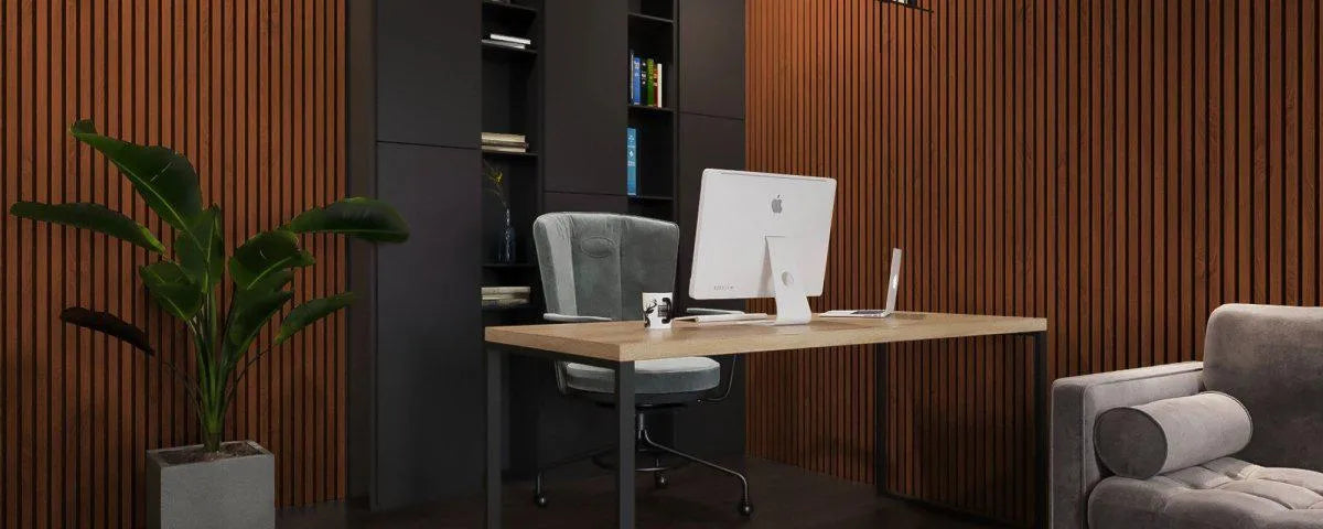Mahogany Acoustic Wood Slat Wall Panel in office interior DecorMania.eu