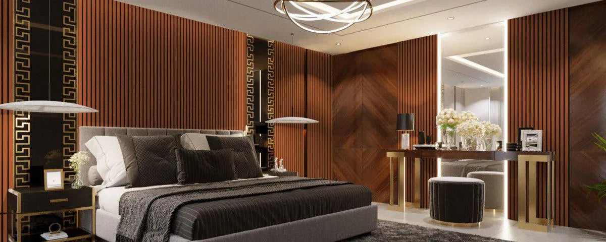 Mahogany Acoustic Wood Slat Wall Panel in bedroom interior DecorMania.eu