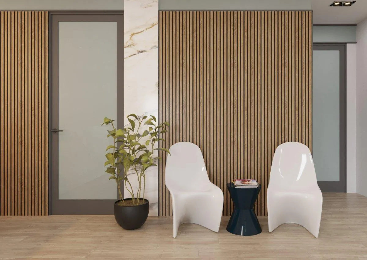 Natural Oak - Black Acoustic Wood Slat Wall Panel feature wall DecorMania.eu