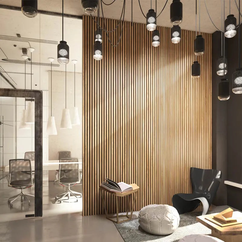Natural Oak - Black Acoustic Wood Slat Wall Panel feature wall DecorMania.eu