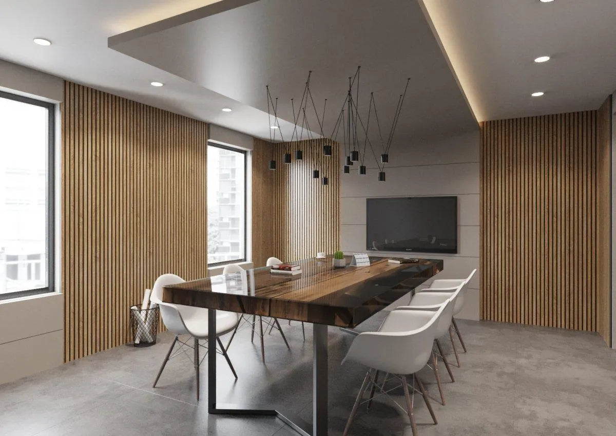 Natural Oak - Black Acoustic Wood Slat Wall Panel in dining room interior DecorMania.eu