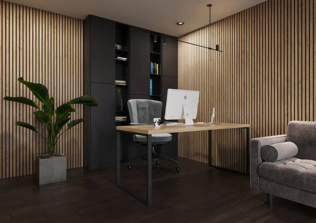Natural Oak - Black Acoustic Wood Slat Wall Panel in office interior DecorMania.eu