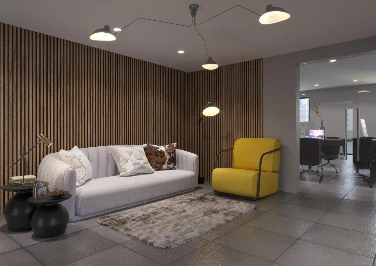 Natural Oak - Black Acoustic Wood Slat Wall Panel living room interior DecorMania.eu