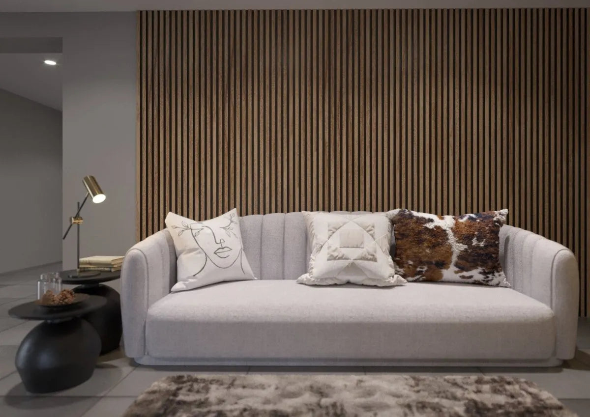 Natural Oak - Black Acoustic Wood Slat Wall Panel in living room interior DecorMania.eu