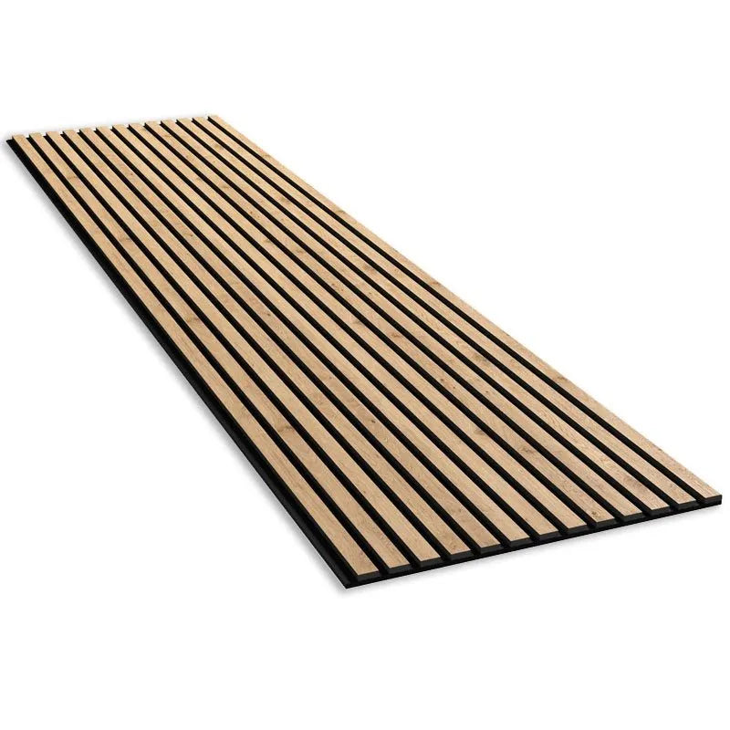 Natural Oak Black Acoustic Wood Slat Wall Panel on white background DecorMania.eu