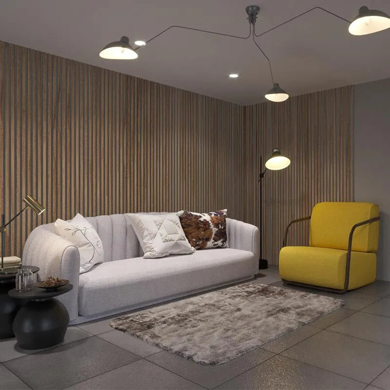 Natural Oak Grey Acoustic Wood Slat Wall Panel in living room interior DecorMania.eu