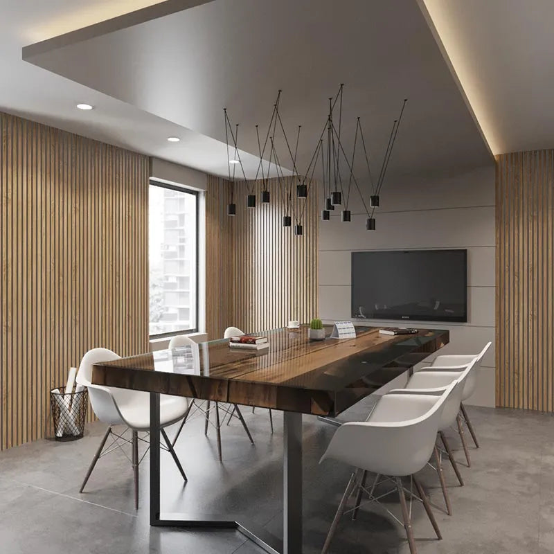 Natural Oak Grey Acoustic Wood Slat Wall Panel in dining room interior DecorMania.eu