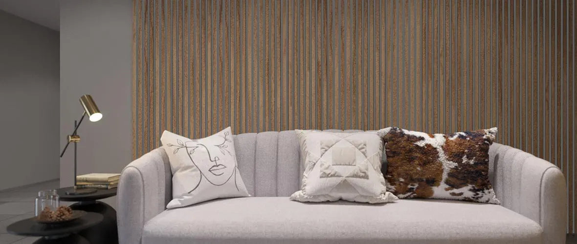 Natural Oak Grey Acoustic Wood Slat Wall Panel in living room interior DecorMania.eu