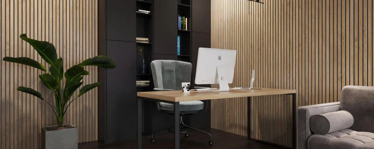 Natural Oak in office interior Grey Acoustic Wood Slat Wall Panel DecorMania.eu