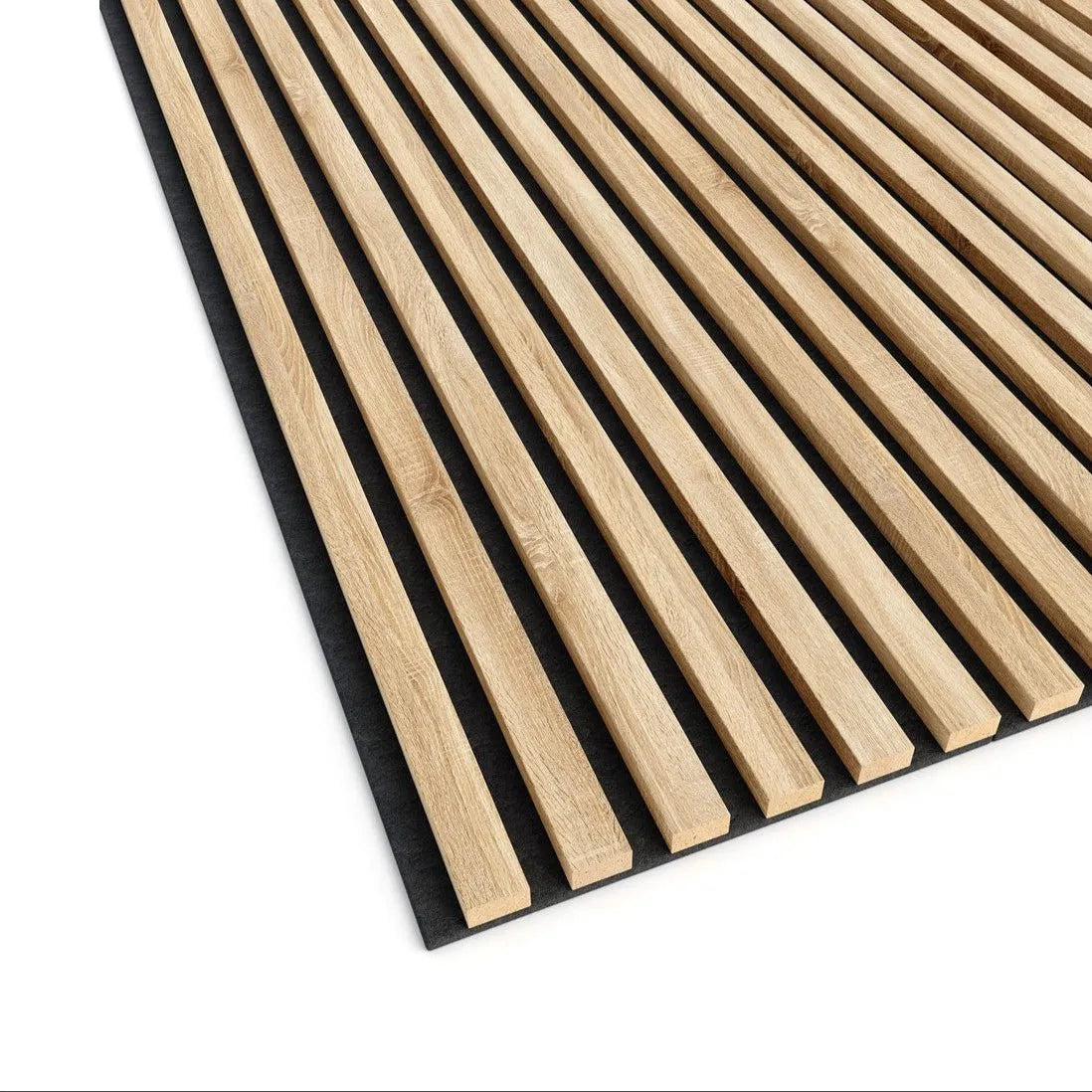OAK Grey Acoustic Slatted Wall Panels on white background closeup DecorMania.eu