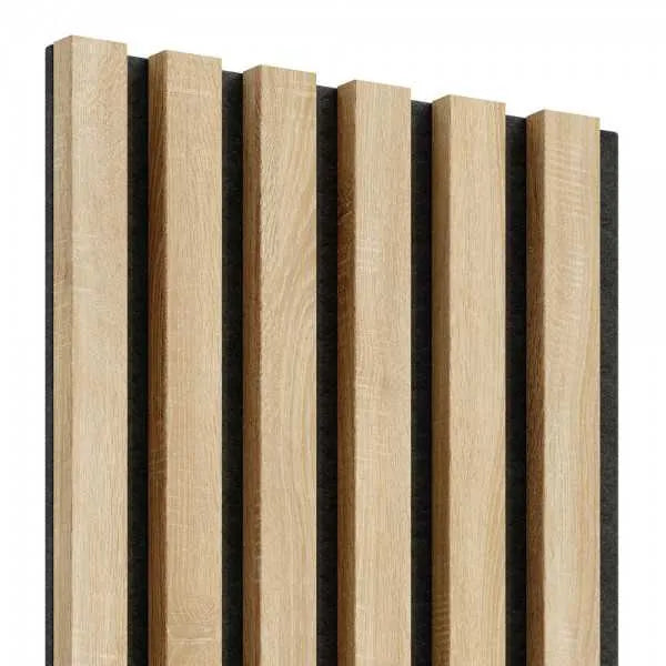 OAK Grey Acoustic Slatted Wall Panels closeup on white background DecorMania.eu