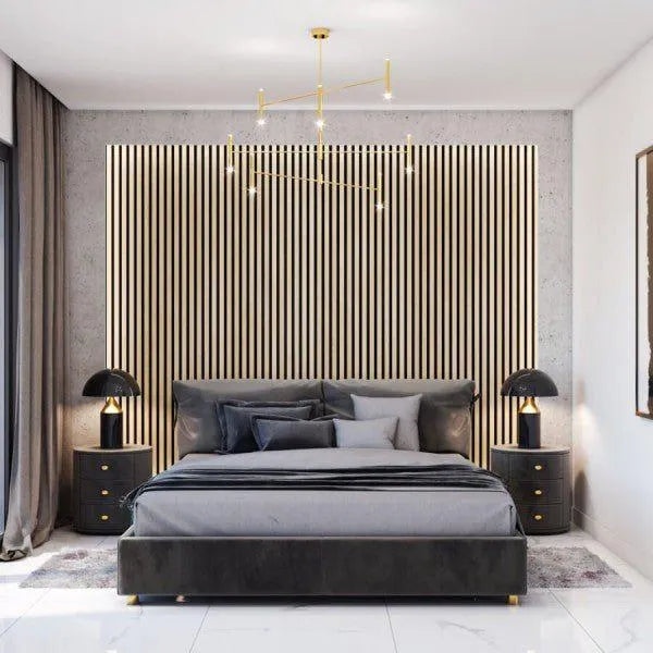 OAK Grey Acoustic Slatted Wall Panels feature wall in bedroom interior DecorMania.eu