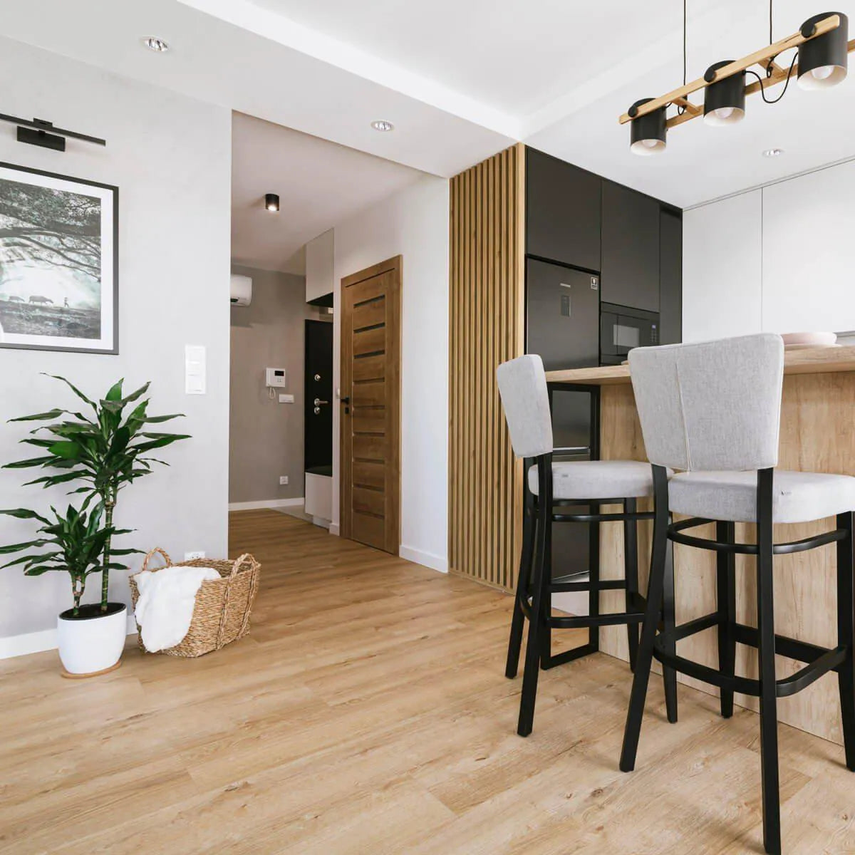 OAK Grey Acoustic Slatted Wall Panels in white colour open space DecorMania.eu