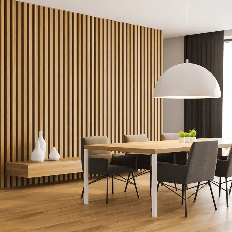 OAK Natural Acoustic Slatted Wall Panels in dining room interior DecorMania.eu