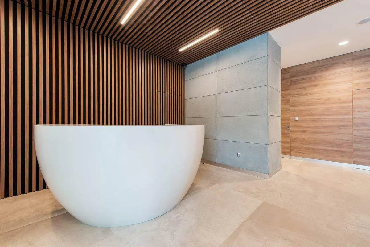 OAK Natural Acoustic Slatted Wall Panels in bathroom interior DecorMania.eu