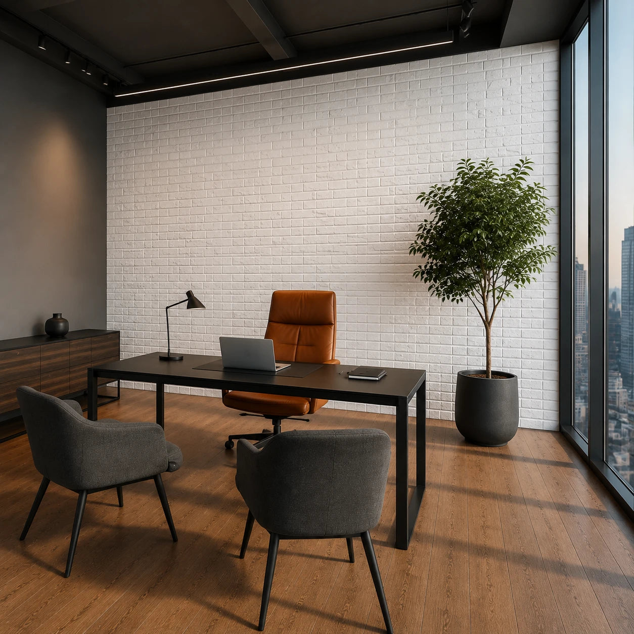 Angled view of a modern office with dark furniture, a brown leather chair, city windows, and white brick-effect 3D polystyrene wall panels