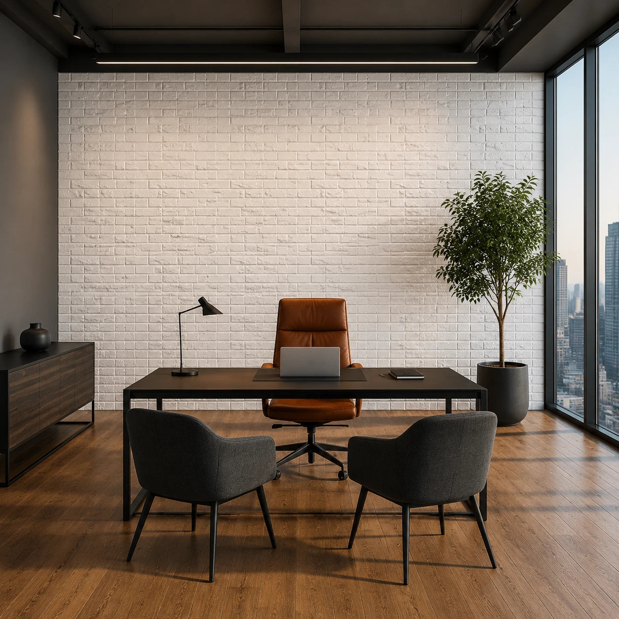 Front view of an industrial-style executive office featuring a floor-to-ceiling wall of white old-brick-effect 3D polystyrene panels.