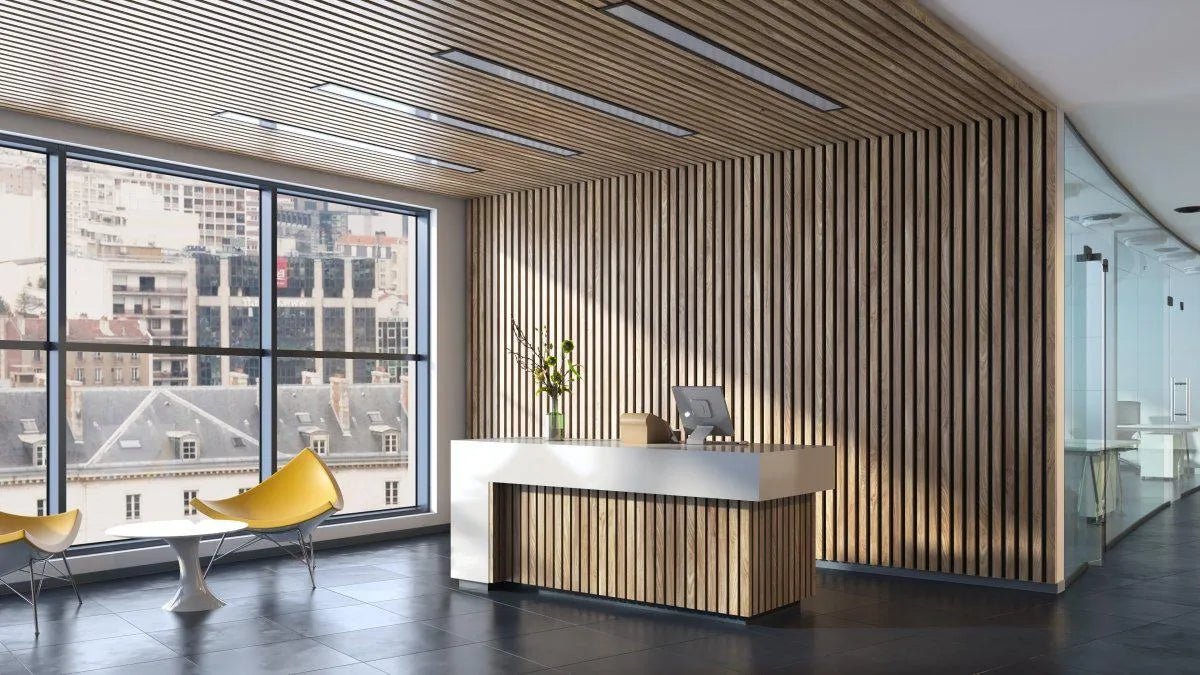 Oak Black Wood Slat Wall Panelling – 280x60 cm in reception interior DecorMania.eu