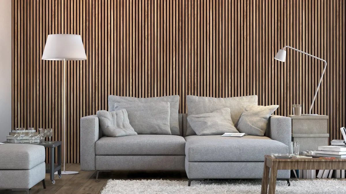 Oak Black Wood Slat Wall Panelling – 280x60 cm in living room interior DecorMania.eu