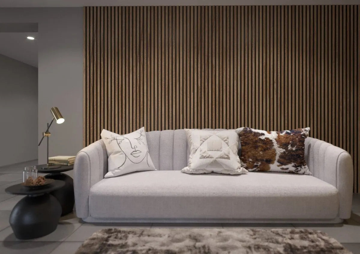 Oak Black Wood Slat Wall Panelling – 280x60 cm in living room interior DecorMania.eu