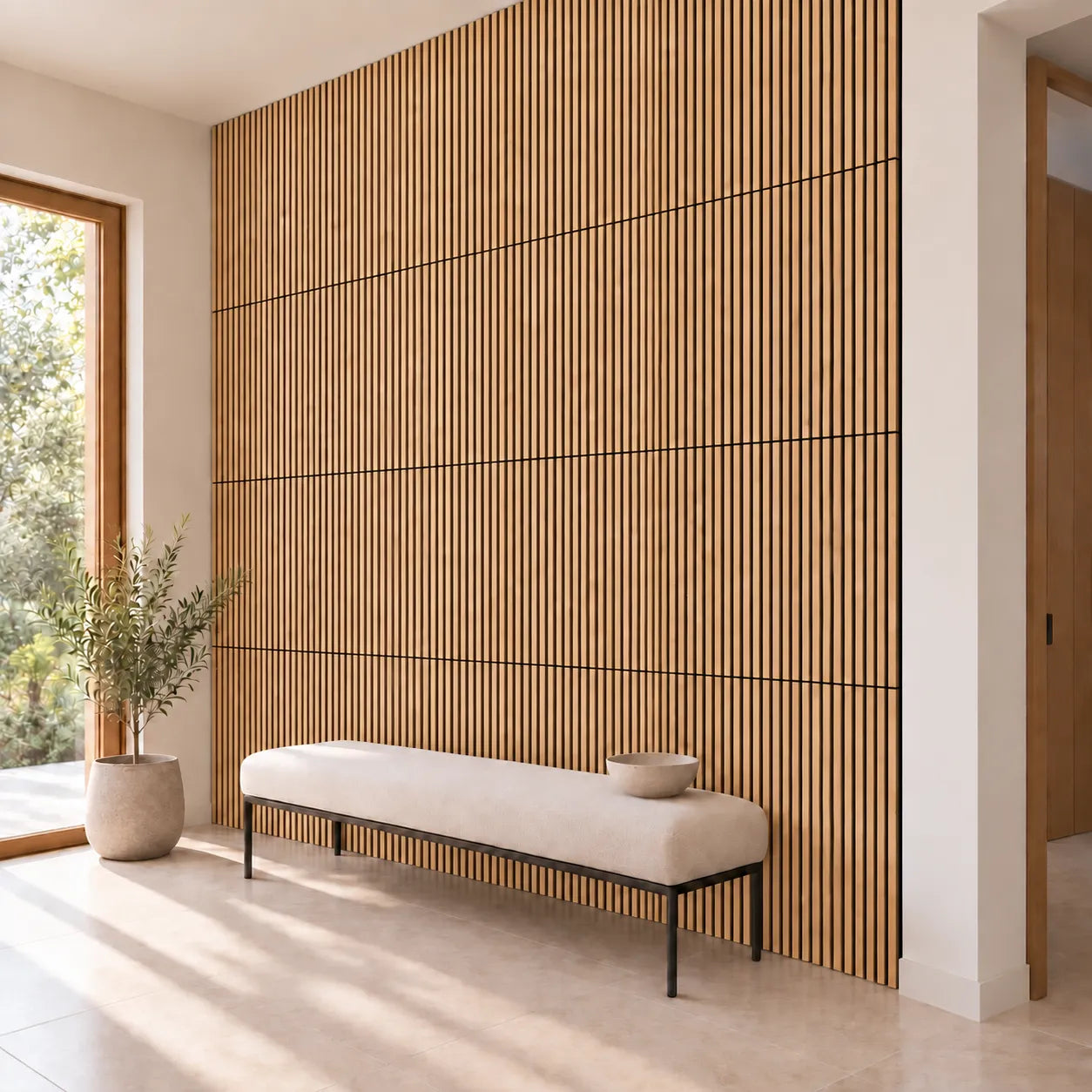 Oak Black Wood Slat Wall Panelling feature wall with upholstered bench