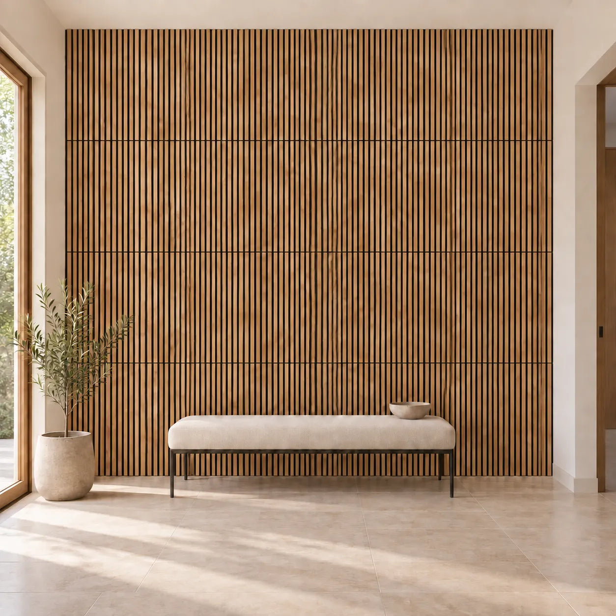 Oak Black Wood Slat Wall Panelling feature wall with upholstered bench