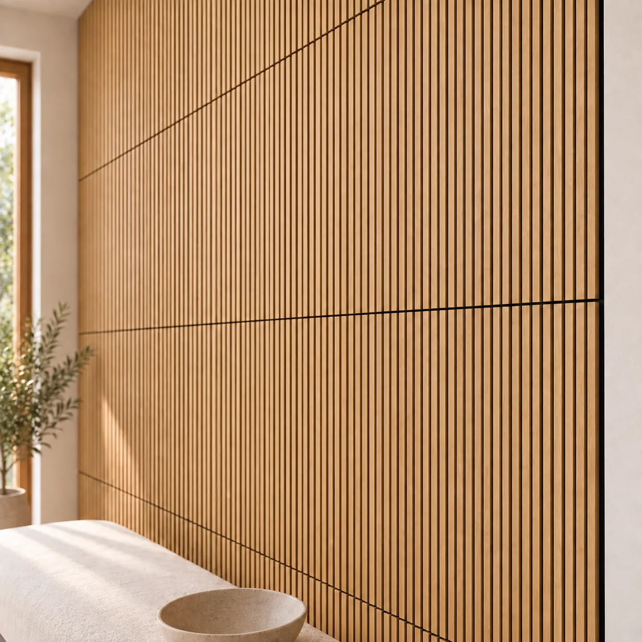 Oak Black Wood Slat Wall Panelling installed in modern interior